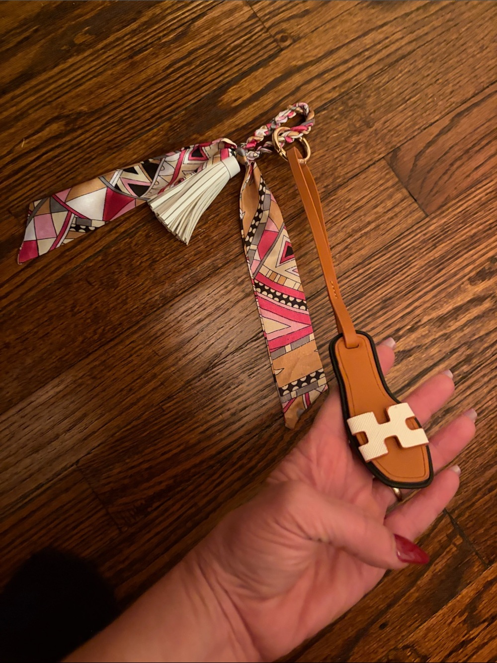 Tan and White bag Charm with Pink Patterned Scarf